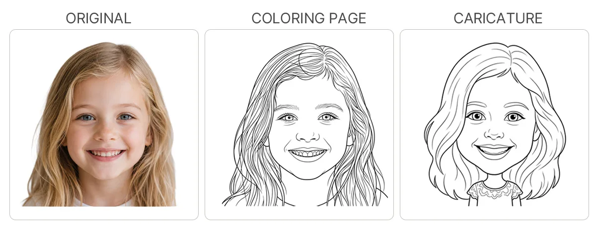 Sample: original photo with its coloring page and caricature
