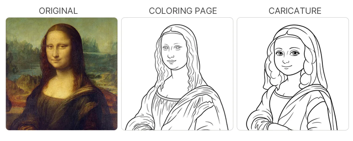 Sample: original photo with its coloring page and caricature
